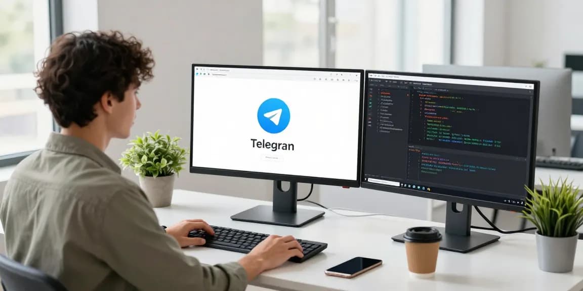 Download Telegram interface on a monitor in a modern tech workspace with natural light.