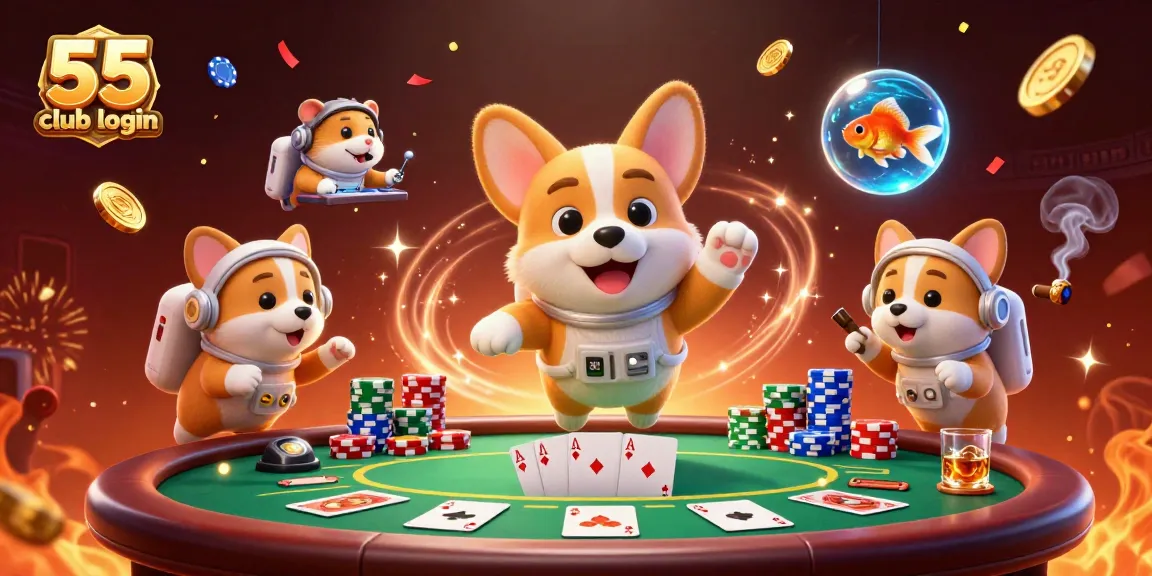 Join the fun at 55 club login with a floating corgi and vibrant casino elements!