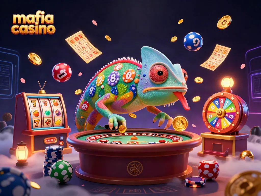 Engage with the mafia casino theme in a vibrant scene with slots, chameleons, and casino elements.