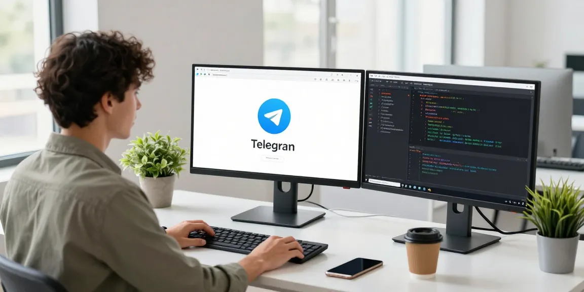Download Telegram interface on a monitor in a modern tech workspace with natural light.