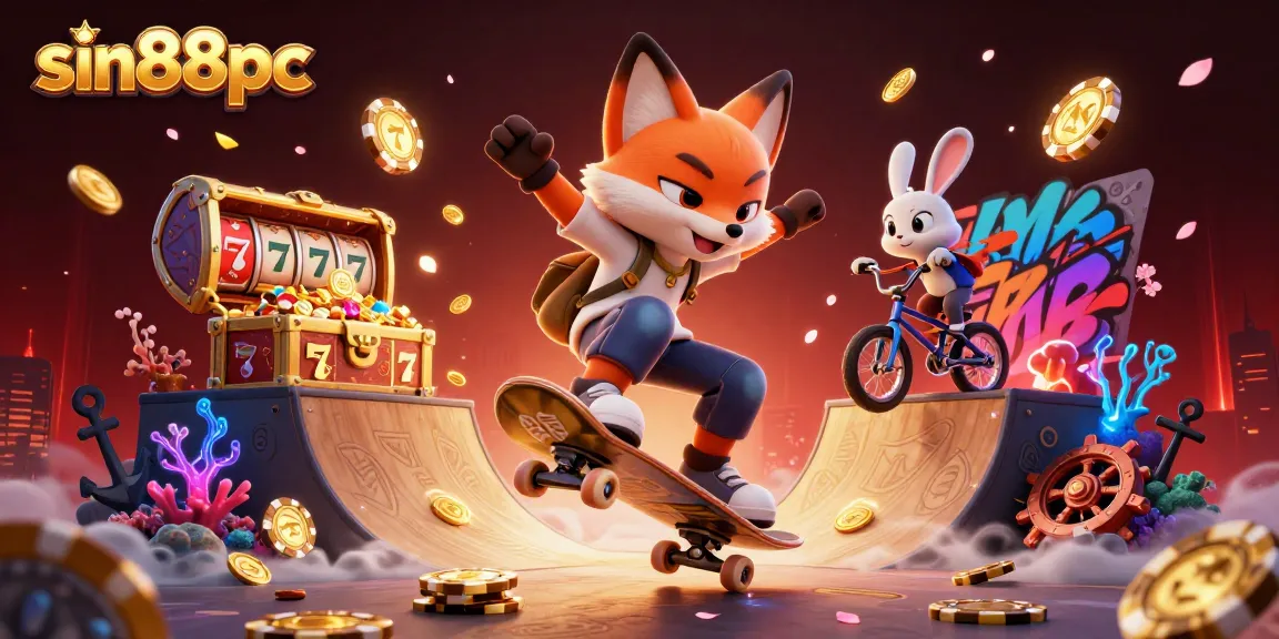 Experience adrenaline at sin88pc with a skateboarder fox and BMX rabbit amidst vibrant casino legends.