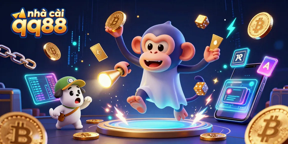 Engaging scene showcasing nhà cái qq88 with a mischievous monkey and a curious puppy in a vibrant casino setting.
