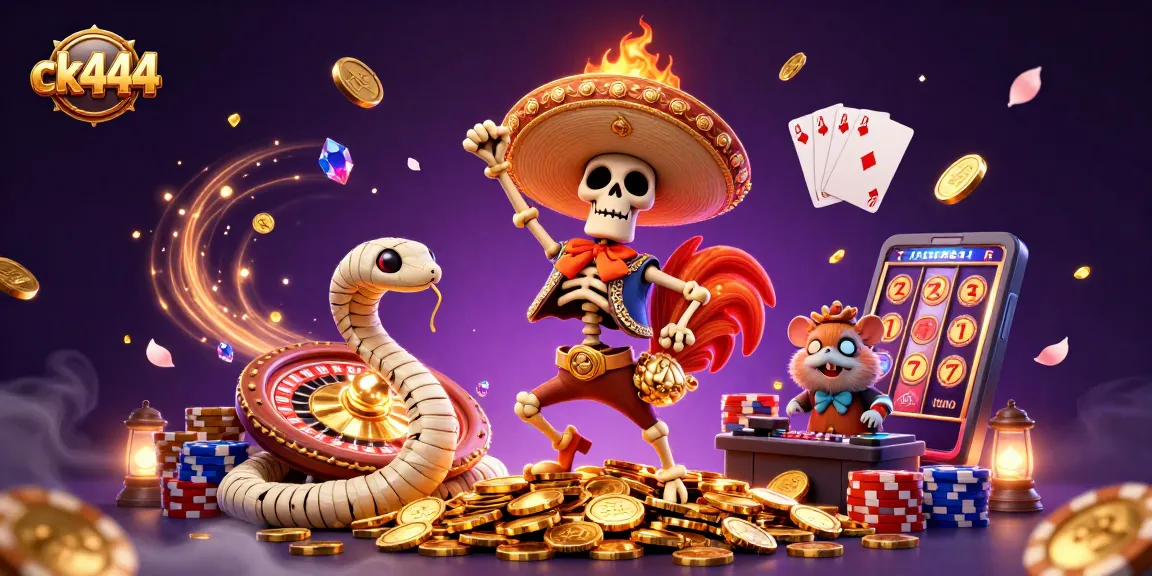 Ck444 bursts with excitement as a mariachi rooster dances on gold coins amidst a vibrant casino scene.