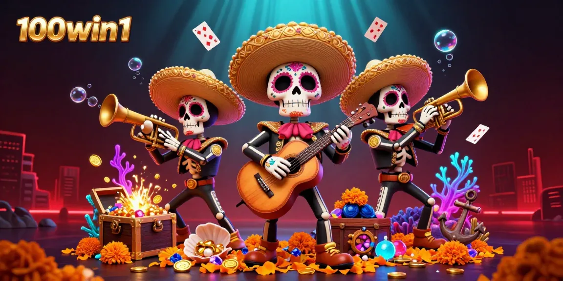 Experience the excitement at 100win1 with a vibrant celebration featuring a mariachi band surrounded by gold coins and playful cards.