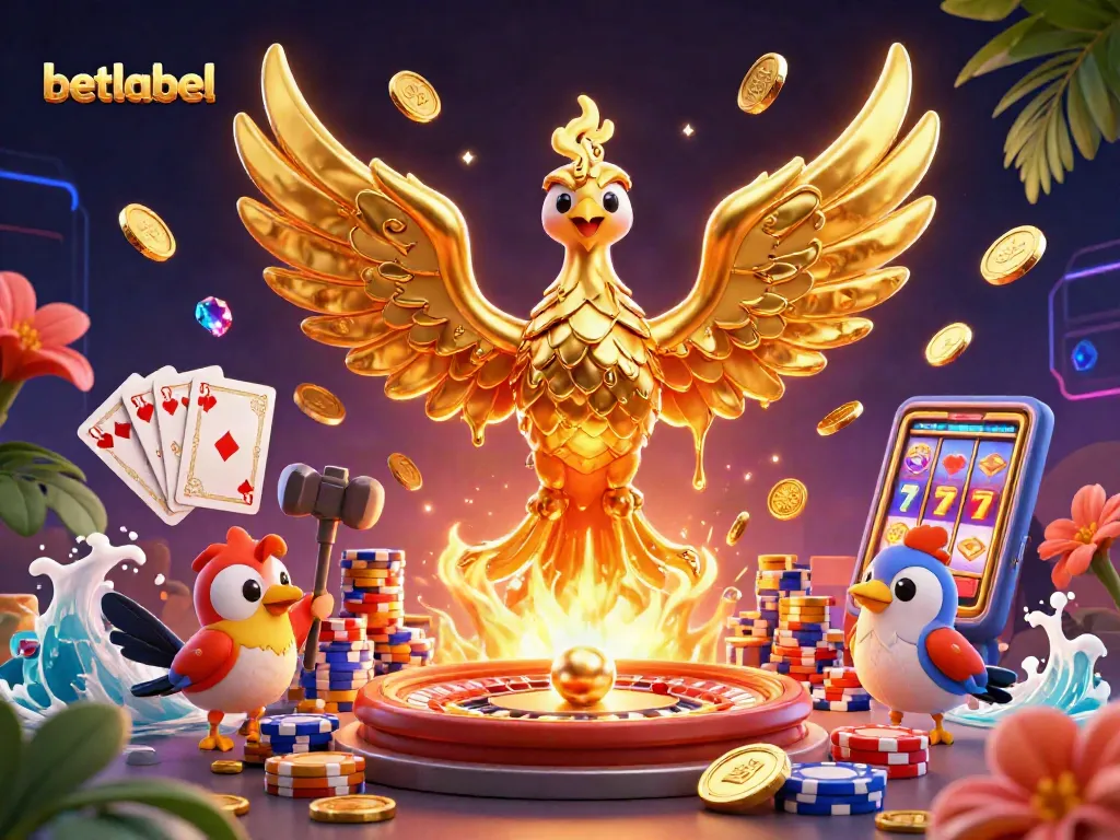 Experience the thrill of betlabel casino with spinning roulette, golden coins, and a phoenix evolving in magic.