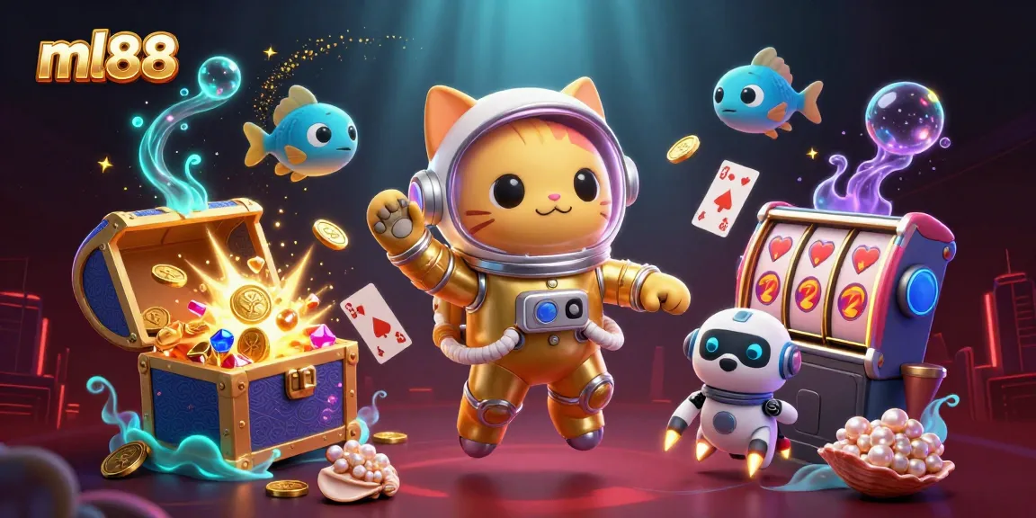 Engage with ml88's thrilling casino excitement featuring a space cat, treasure, and slot machines.