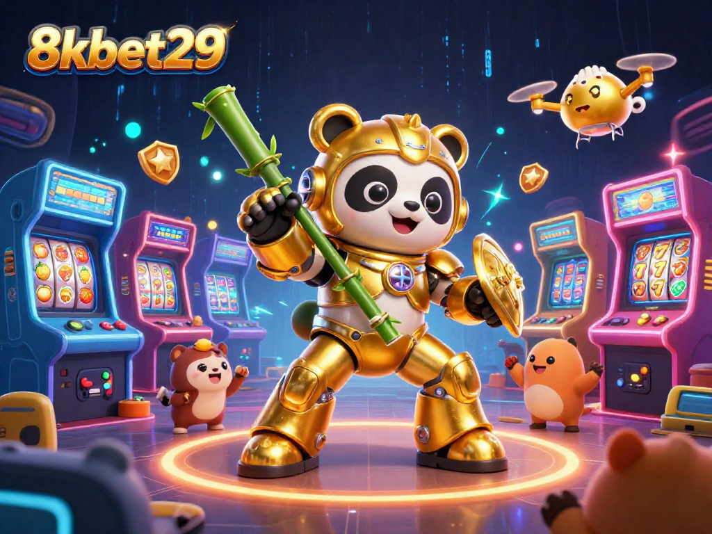 Experience thrilling gameplay with 8kbet29 as a golden panda hero battles in a vibrant casino arena.