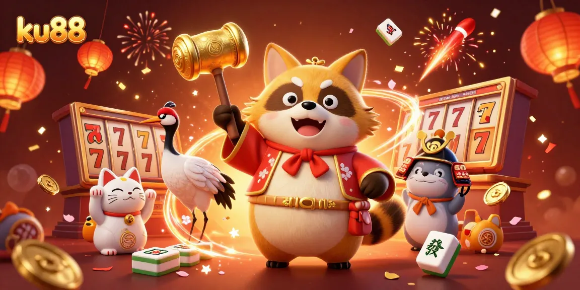 ku88 theme illustration with charming tanuki, lucky symbols, and festive casino vibes