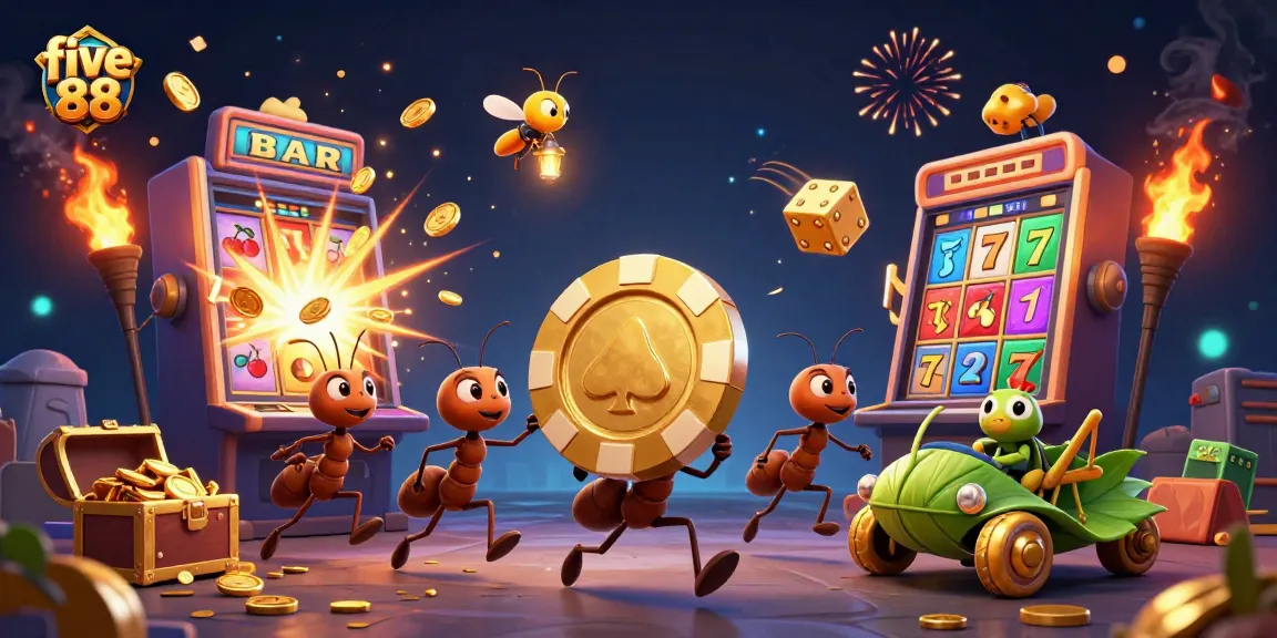 Experience the excitement of five 88 with cartoon ants heisting a giant poker chip amidst casino chaos.