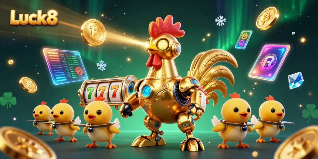 Engage in thrilling fun at Luck8 while exploring slot reels and jackpots amidst a vibrant 3D illustration.