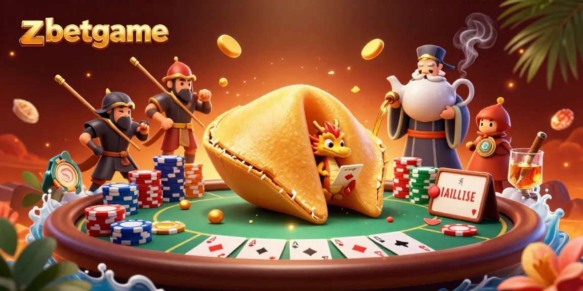 Engage in thrilling poker at zbetgame with a vibrant 3D illustration featuring a fortune cookie and gaming elements.