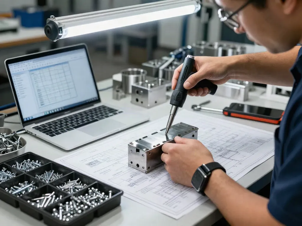 Tecnico che utilizza strumenti rivetti in un'officina per assemblare componenti metallici, con materiali di alta qualità sullo sfondo.
