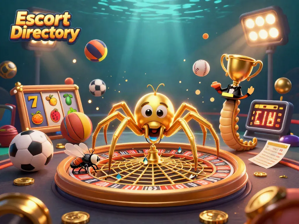 Engage with the Escort Directory in a vibrant digital gambling scene, showcasing a golden spider and croupier.
