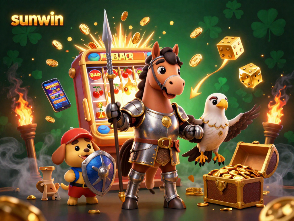 Experience thrilling jackpots with sunwin while the knight, puppy, and falcon celebrate casino wins!