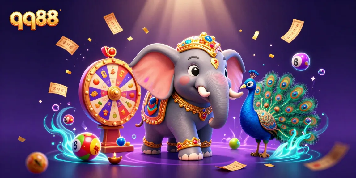 Engage in exciting gambling fun with qq88's vibrant prize scenes, featuring spinning wheels and dynamic lottery elements.