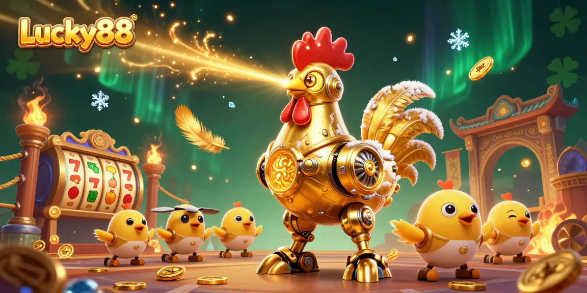 Experience the thrill of Lucky88 with a futuristic golden rooster robot amidst energetic slot elements.