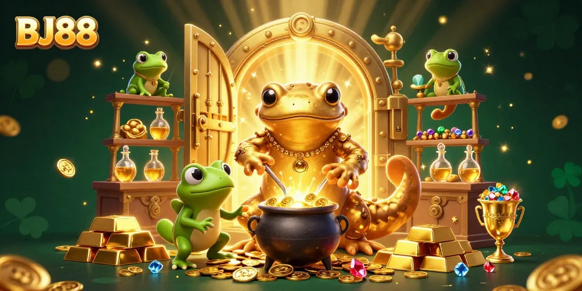 Experience the magic of BJ88 with a 3D illustration of a golden salamander alchemist and treasures.