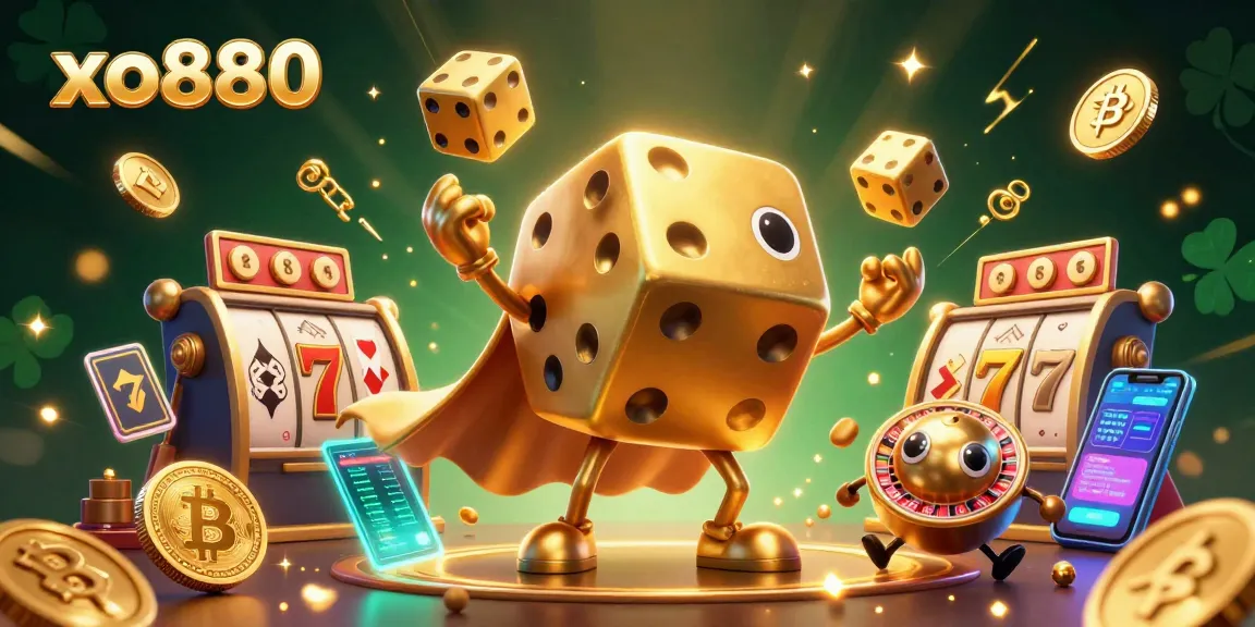 Experience thrilling gameplay with xo880 while juggled by a golden dice golem amidst vibrant casino elements.