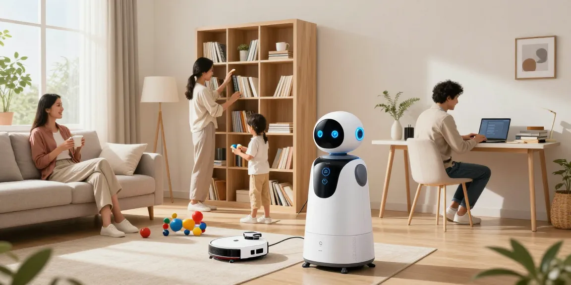 Home robot assisting a family with cleaning and organizing in a modern living room.