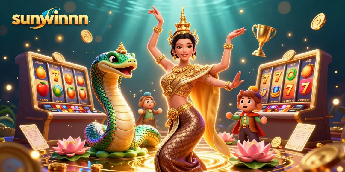 Experience vibrant slot games with sunwinnnn, showcasing a 3D Thai dancer and a colorful Naga serpent.