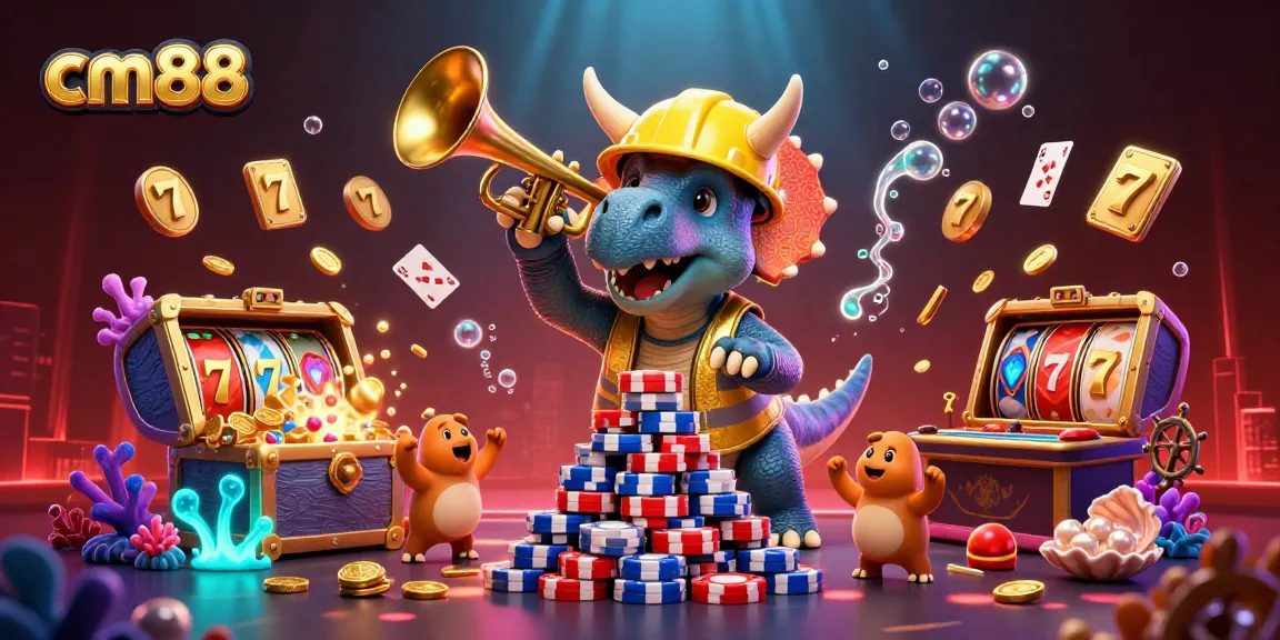 Experience the thrill of cm88 with a vibrant 3D illustration of a triceratops building poker chip pyramids.
