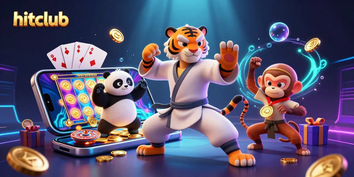 Spin the reels at hitclub with the kung fu tiger, panda, and mischievous monkey amid rich casino elements.