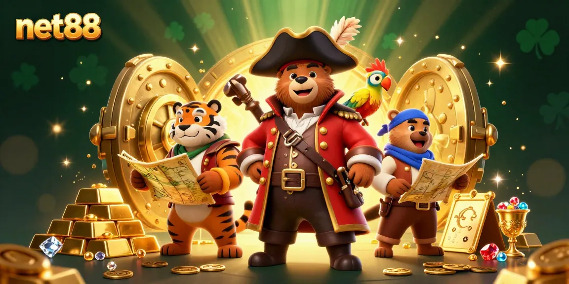 Join the net88 adventure with a pirate, tiger, and treasures in an online casino setting.