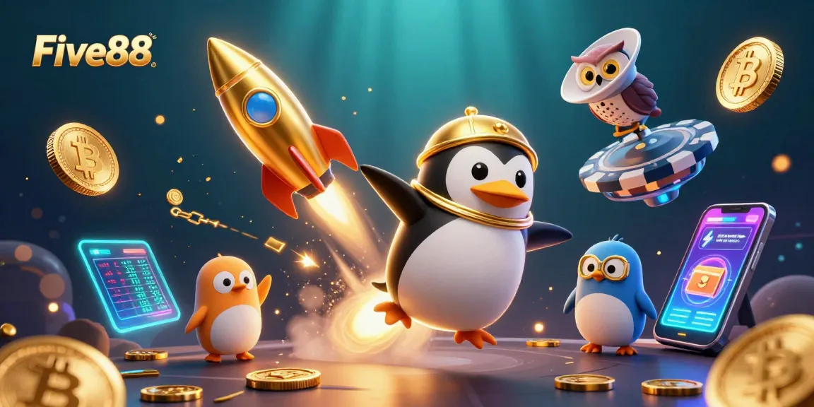 Join the adventure at Five88 with a golden penguin racing to a casino space station.