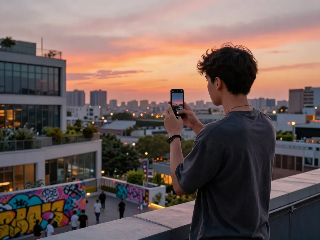 Rokok88 urban lifestyle scene, young adult capturing sunset for social media