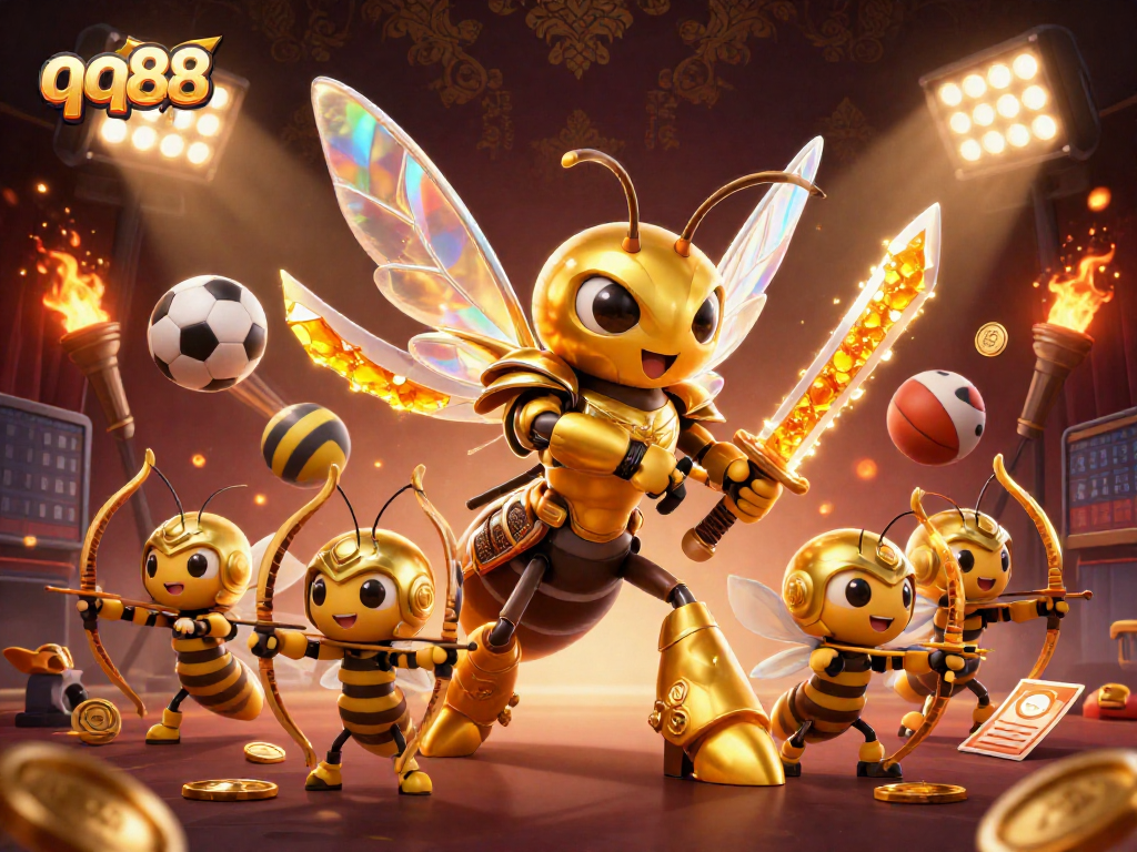 Engage in thrilling sports action with QQ88, featuring dynamic characters in a vibrant casino atmosphere.