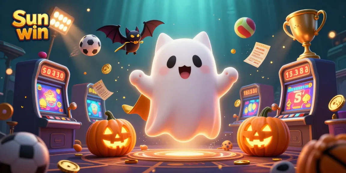 Experience winning at Sun win with a friendly ghost cat and vampire bat in a haunted casino.