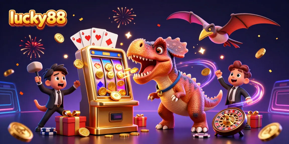 Catch the lucky88 jackpot as a pachycephalosaurus headbutts a slot machine in a lively casino scene.