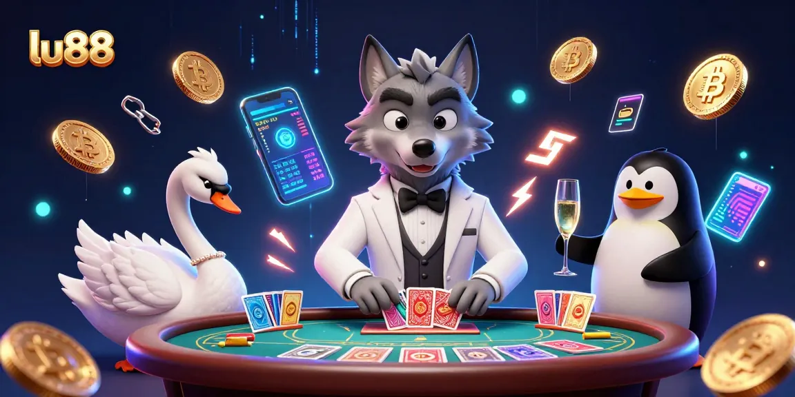 Experience thrilling action in lu88, featuring a debonair wolf at the baccarat table and crypto elements.
