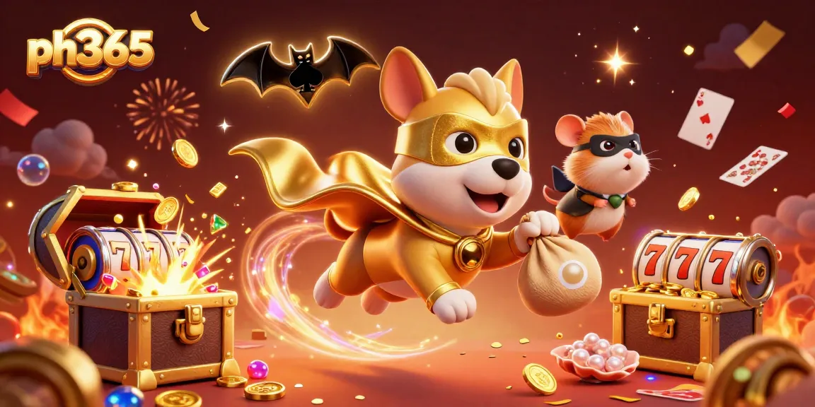 Join ph365's casino adventure with a superhero dog and hamster, surrounded by dynamic gambling fun!