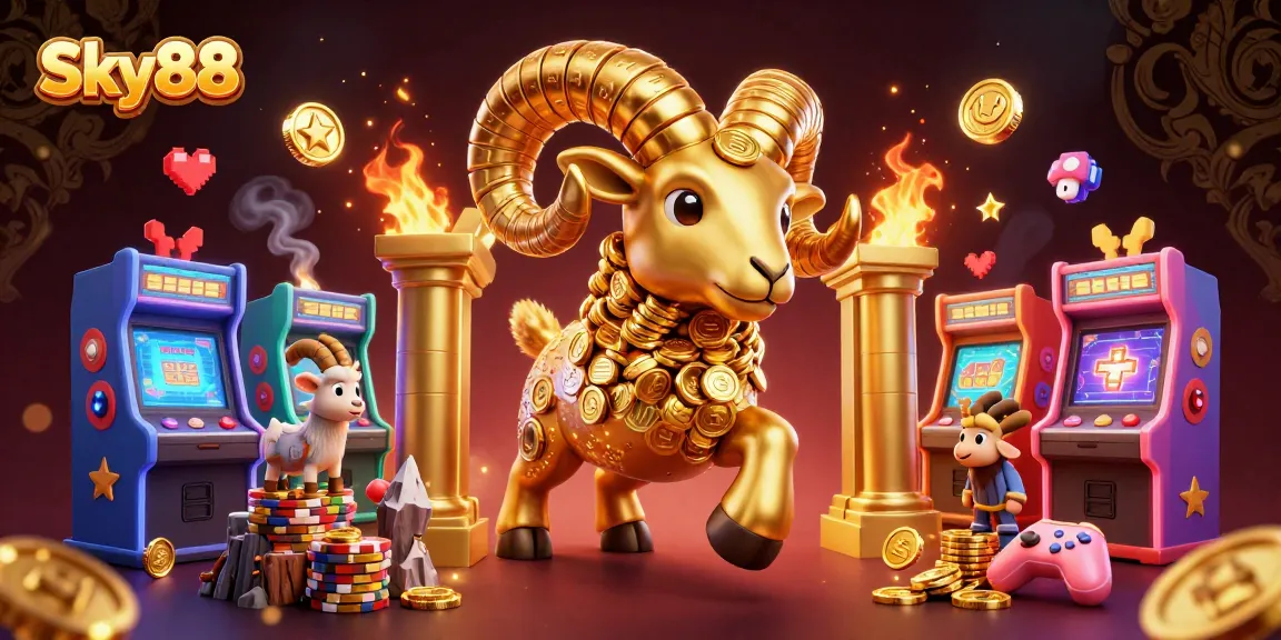 Sky88 showcases a dynamic golden ram charging through a vibrant casino scene filled with colorful game elements.