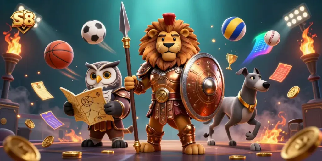 Engage with S8's vibrant casino atmosphere featuring a Spartan lion and energetic gaming elements.