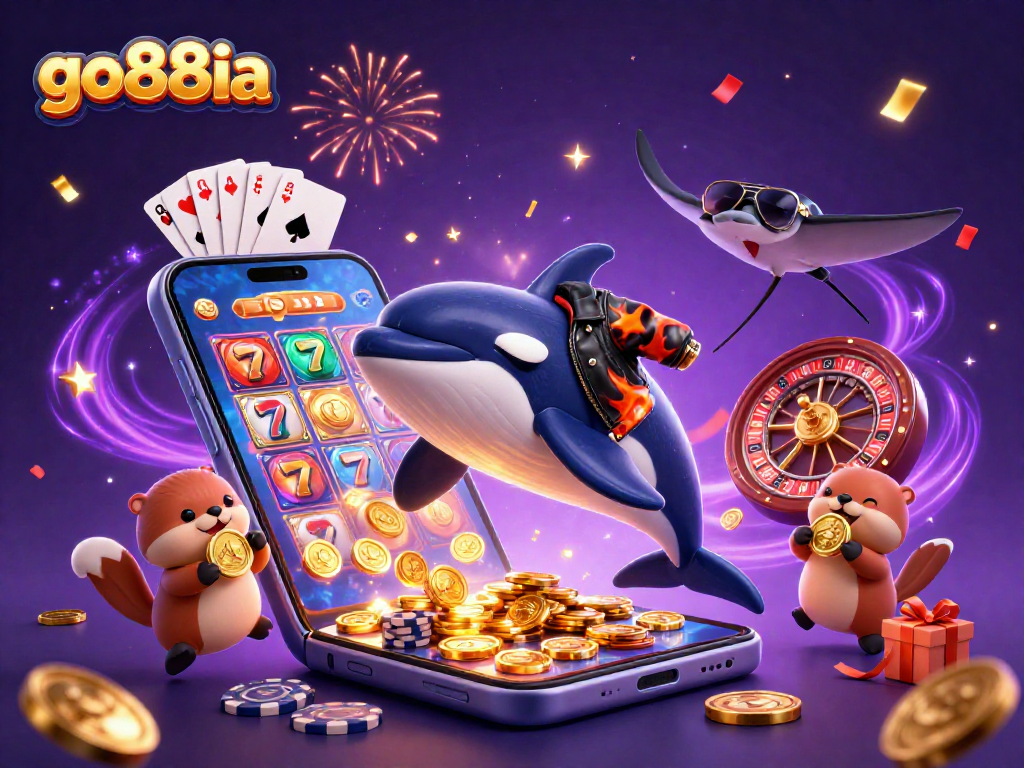 Explore vivid go88ia slots with a jumping orca whale, stingray, and sea otters in a celebratory scene.