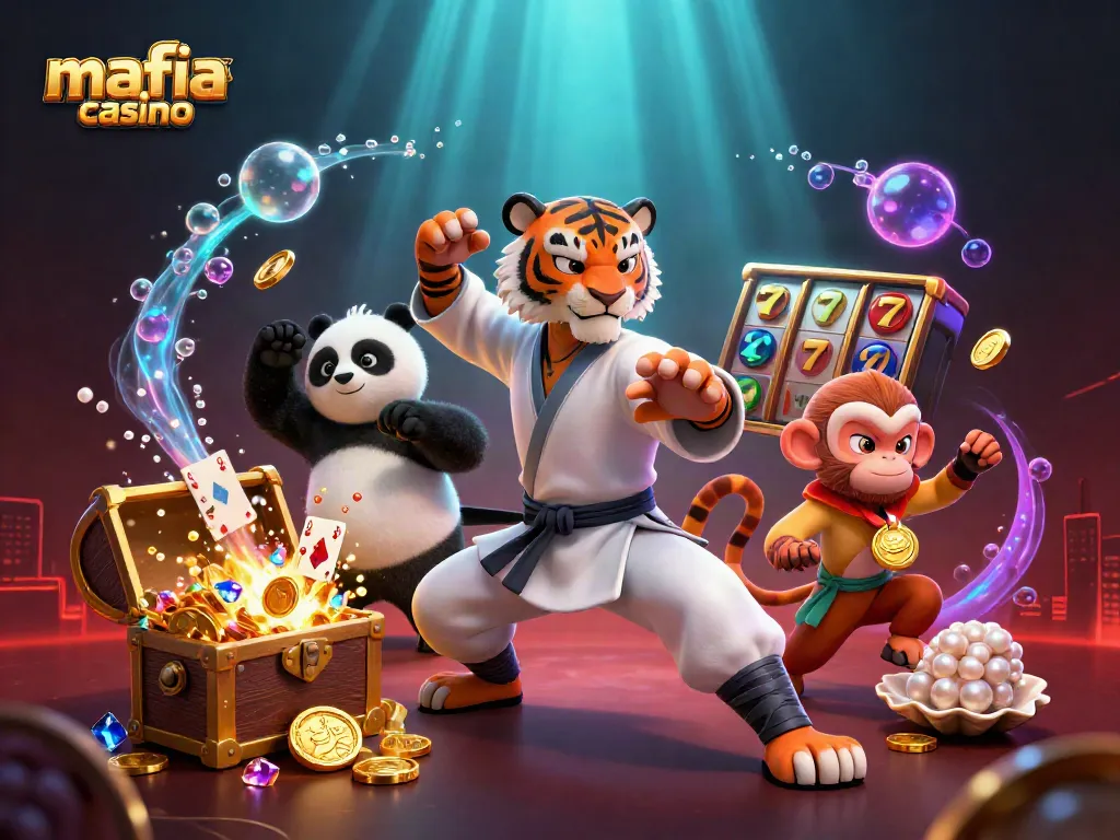 Mafia Casino characters celebrate amidst exploding treasure, slot reels, and vibrant casino elements.