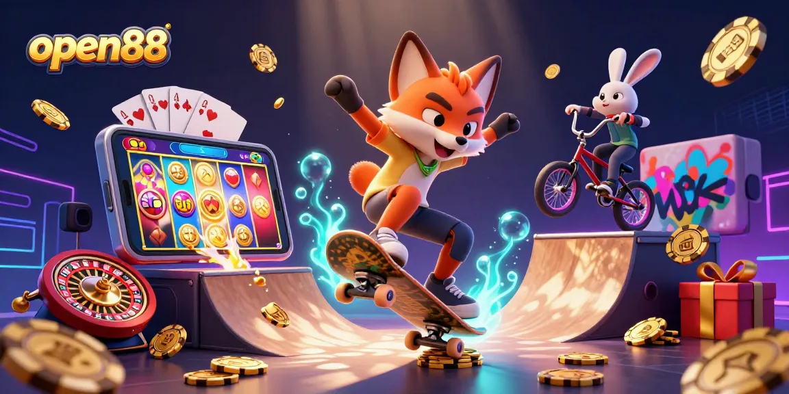 open88 brings excitement with a skateboarder fox and BMX rabbit among casino symbols and games