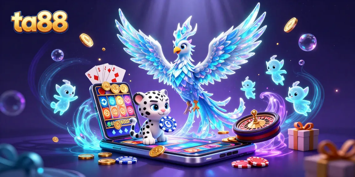 Immerse in ta88's vibrant world of slot gaming with an ice phoenix and playful characters.