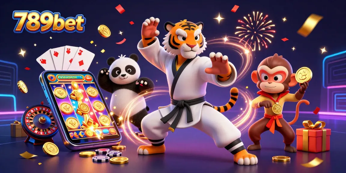 Experience thrilling victories with 789bet's vibrant online casino scene featuring a kung fu tiger master and colorful slots.