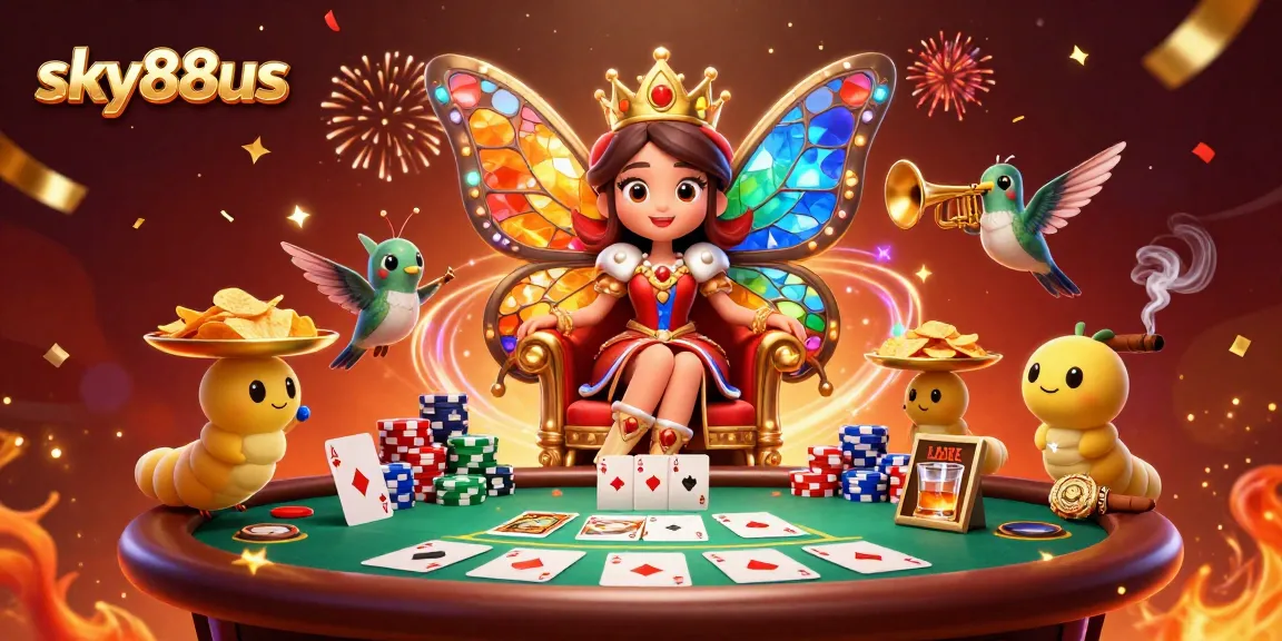 Experience the vibrant thrill of sky88us with a colorful butterfly queen and poker elements.