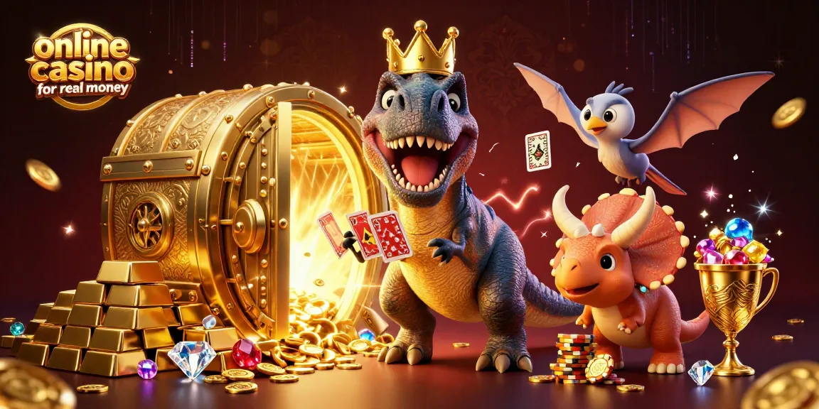 Engage in fun with a vibrant online casino for real money featuring cartoon dinosaurs and treasure elements.