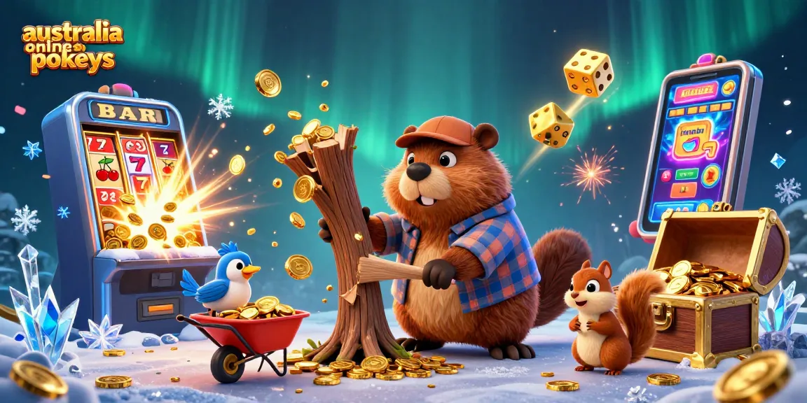Experience australia online pokies excitement with animated beaver and friends in a vibrant casino scene.