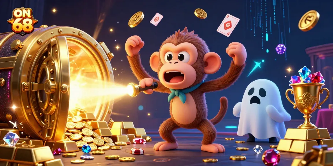 Experience the thrill of winning at on 68, featuring a monkey juggling golden casino treasures in a vibrant haunted scene.