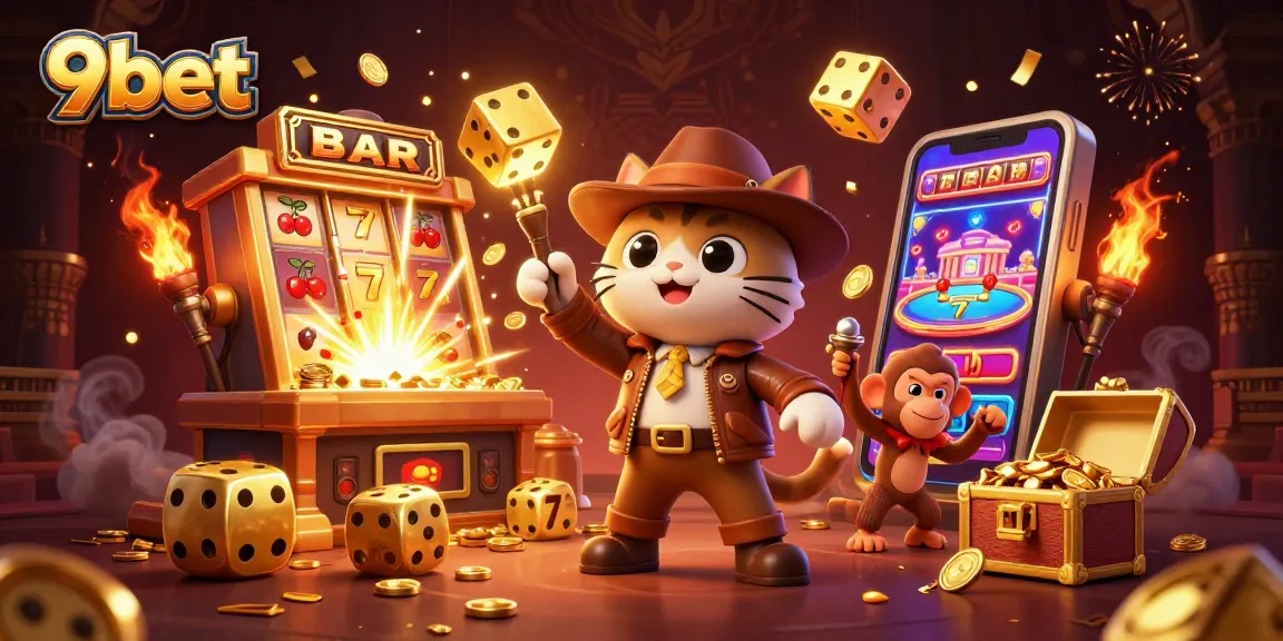 Win big with 9bet: A lively 3D casino adventure scene bursting with excitement and treasures!