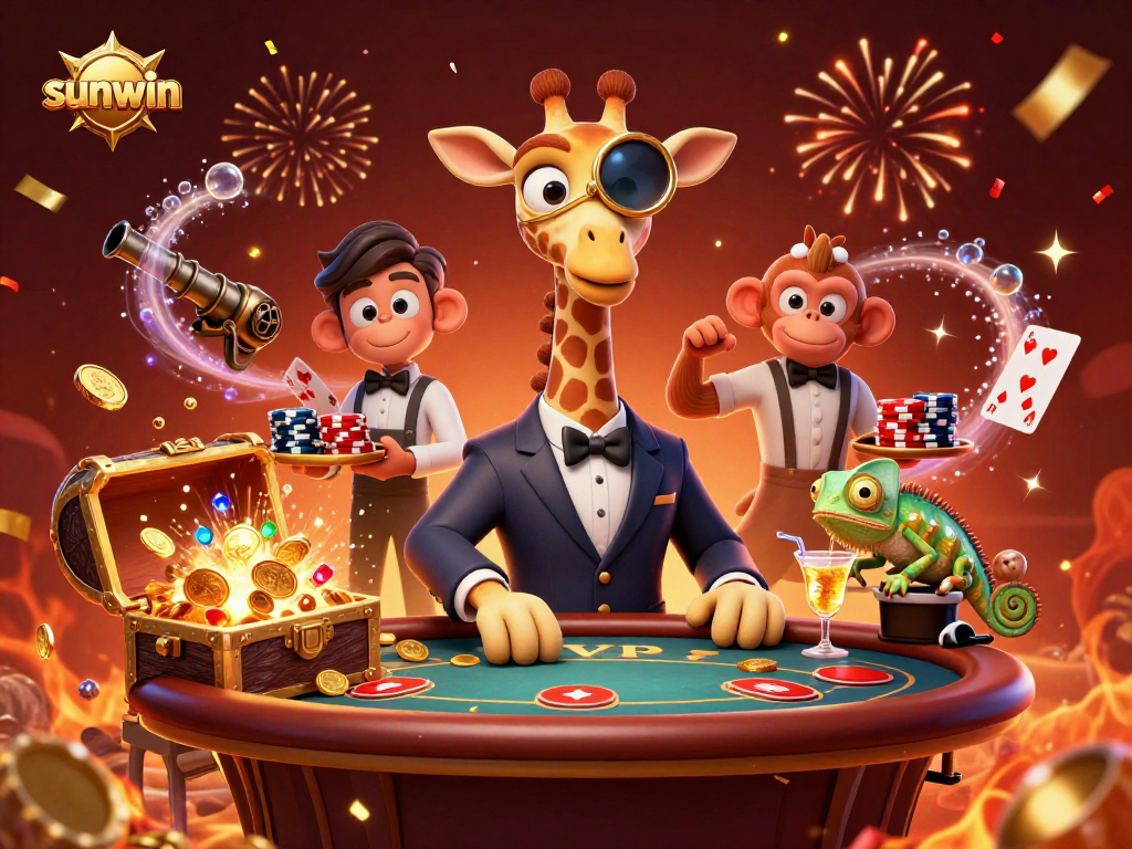 Experience winning strategies with sunwin at an ultra-detailed casino illustration featuring unique characters.