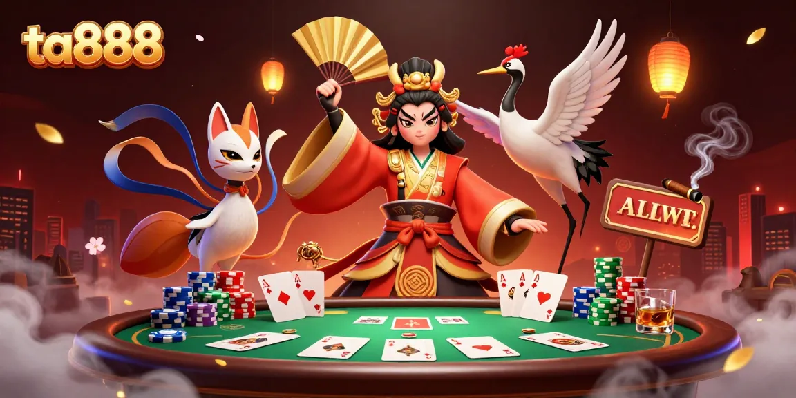 Play cards and win at ta888 with a kabuki warrior crane and kitsune mask, vibrant casino scene.