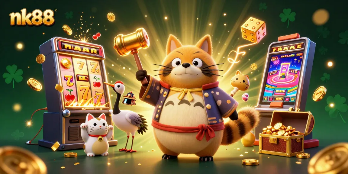 Embrace the thrill of gambling with nk88's vibrant 3D illustration, showcasing exciting casino elements and characters.