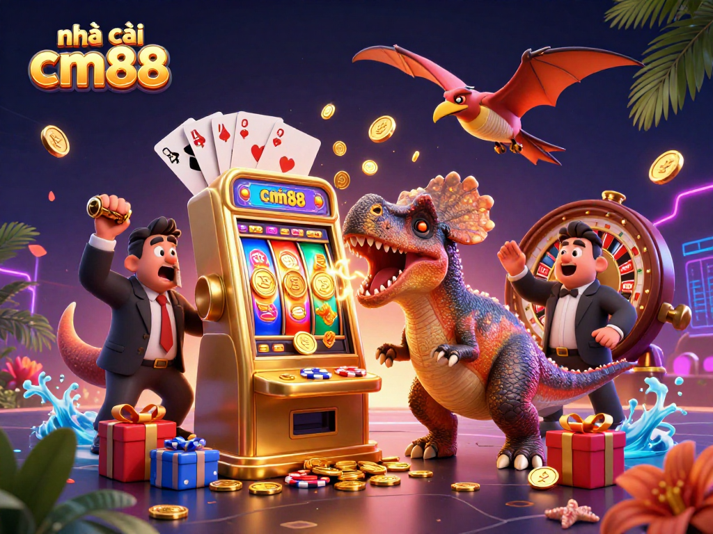 Engaging scene of nhà cái cm88 with a pachycephalosaurus and casino elements celebrating a jackpot win